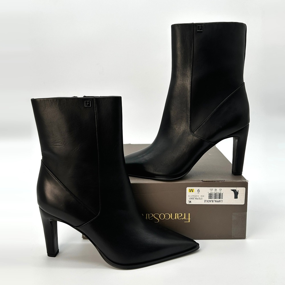 Womens Ankle Booties Franco Sarto Appia Size 9 Black Leather Stiletto Heel NEW